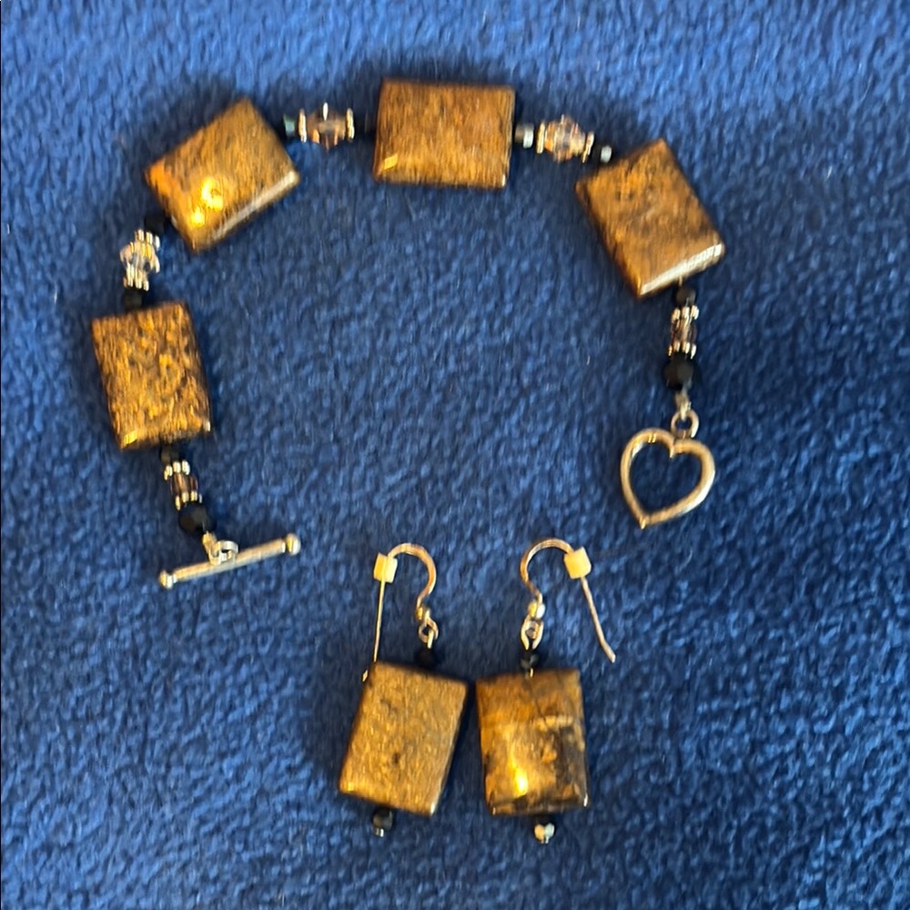 Gold, Bronze & Black Beaded Bracelet & Earrings Set